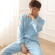 Katun Rumah Pakaian Panjang Cardigan Piyama (Biru)-Internasional