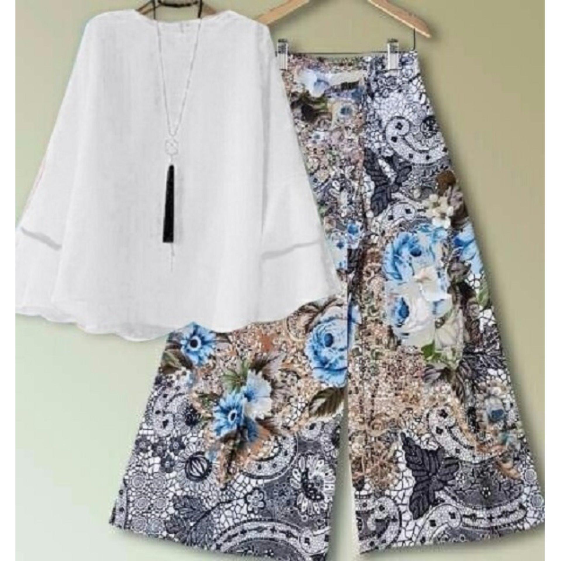 couple store cs - set kulot batik FLOWER putih  I cod l bayar tempat l good quality l motif batik l 