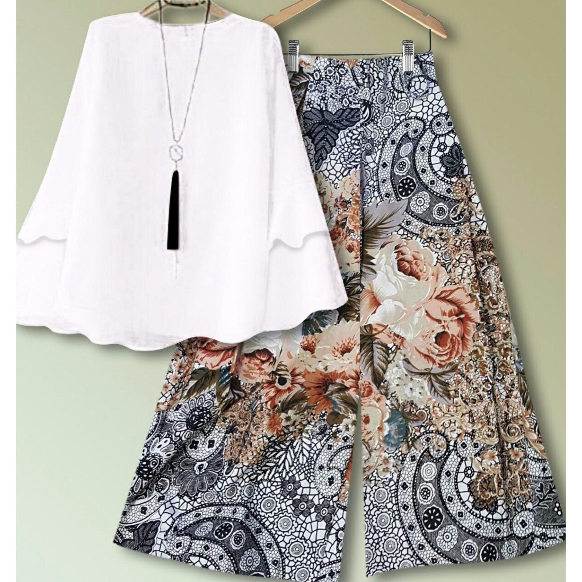 couple store cs - set kulot batik FLOWER putih  I cod l bayar tempat l good quality l motif batik l 