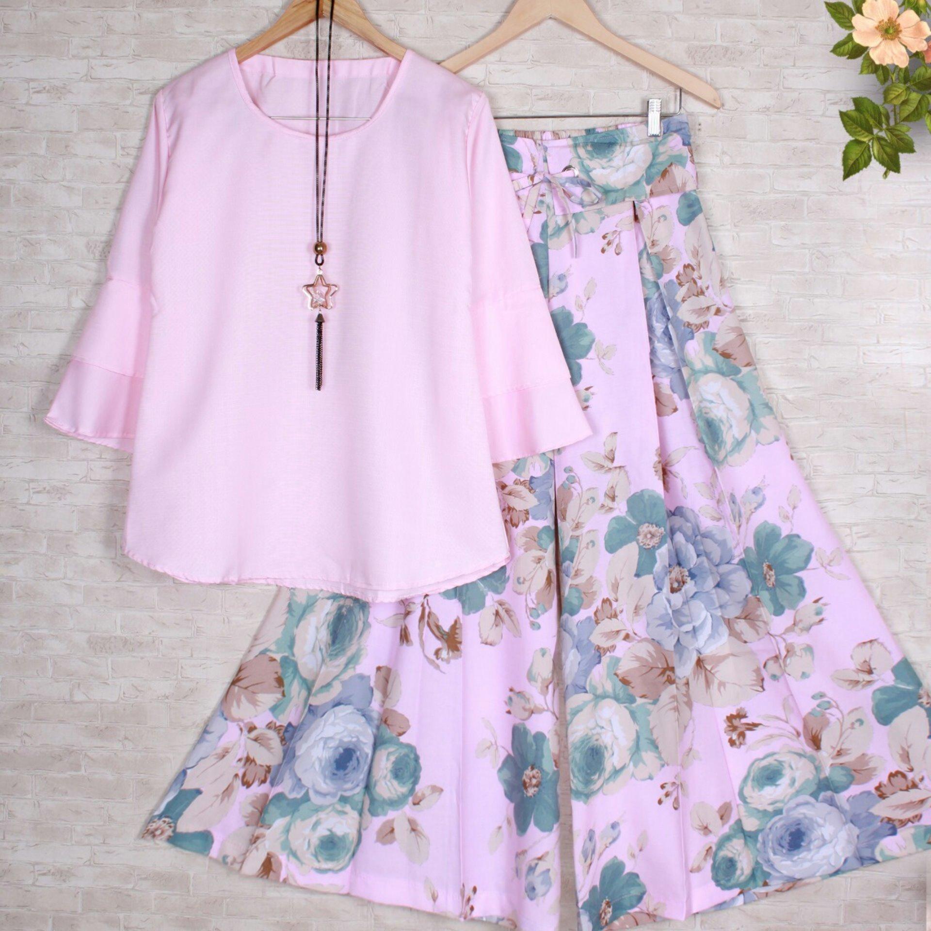 couple store cs - set KULOT FLOWER pink  I cod l bayar tempat l good quality l motif batik l 