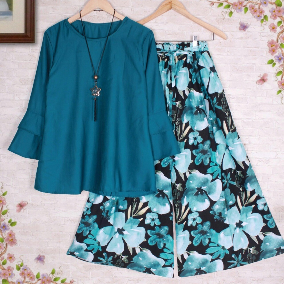 couple store cs - set KULOT FLOWER SHOESE tosca  I cod l bayar tempat l good quality l motif batik l 