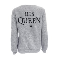 Pasangan Pencocokan Kaos Katun Sportswear Lengan Panjang Huruf Cetak Ratunya Grey Warna Sweater Tops untuk Kekasih Wanita Hadiah Hari Valentine-Intl