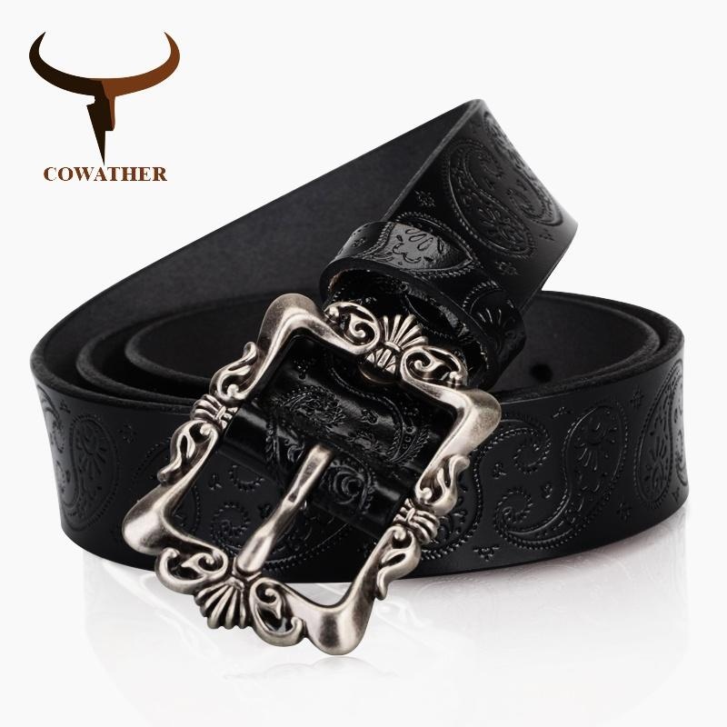 COWATHER Wanita 100% Sapi Asli Cowhide Leather Belt dengan Jambu Mete Paduan Buckle Strap Wanita Sabuk XF022-Intl