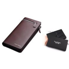Curewe Kerien Business Men's Zipper PU Dompet + kotak + pack Leather Long Section Multicard WalletPurse Handbag coklat
