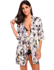 Cyber Wanita Kasual Lengan Tiga Perempat Cetakan Pantai Cardigan dengan Sabuk Pinggang (Multicolor)-Intl