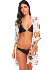 Cyber Wanita Kasual Lengan Tiga Perempat Cetakan Pantai Cardigan dengan Sabuk Pinggang (Kuning)-Intl