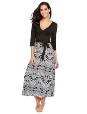 Cyber Wanita Kasual V-Neck 3/4 Lengan Patchwork Cetakan Pleated Gaun Pullover dengan Sabuk (Hitam)-Intl