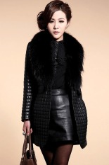 Cyber Wanita Lengan Panjang Kulit Sintetis Bulu Kerah Mantel Jaket Mantel (Hitam)-Intl