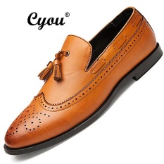 Cyou Busana Pria Sepatu Bullock Kulit Asli Ukir Tebal Tebal Bawah Wave Shoes Inggris Angin Leisure Retro Pernikahan Sepatu Kasut Lelaki Kasut Kulit Rasmi (Kuning) -Intl