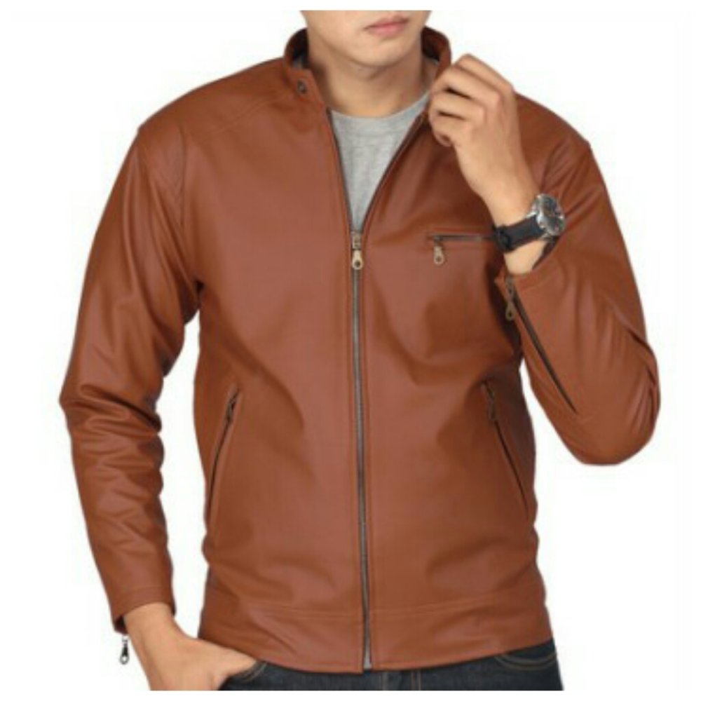 D1NY Collection Jaket Kulit Sintetis Kasual Klasik Coklat
