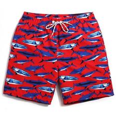 Danial Pria Cepat Kering Bunga Tropis Kelapa Boardshort Berenang Trunk Pantai Celana Pendek (Pinggang: 32 Inches, hiu Merah)-Internasional