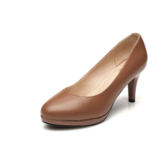 Daphne Kulit Seri Bertumit Tinggi Tahan Air Taiwan Putaran Kepala Mulut Dangkal Sepatu (Model Wanita + Coklat Muda Warna 103)