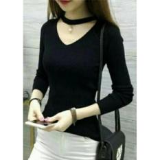 Debbie Gallery Blouse Lengan Panjang Choker Rajut FS0321 - HITAM / Kaos T-Shirt Wanita V-Neck / Baju Tali Leher / Rnmutiarapj