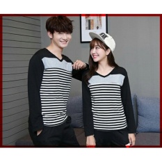 DeCouple Kaos Pasangan Lengan Panjang VStripe / Kaos Oblong / Kaos Couple Garis / T-shirt Pasangan / Pakaian Kembar / Kaos Pria Wanita LC - Hitam