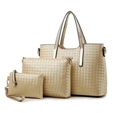 Deluxe 3 Pcs/set Wanita Ragam Gaya Tas Gendong Rajut Kulit PU Tas Tangan Shoucler Tas Dompet Kasual Tas Wanita Emas-Intl-Intl