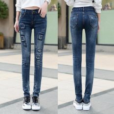 Celana Denim Patch Ripped Jeans untuk Lubang Wanita Elastis Wanita Kurus Pensil Celana-Dark Blue-Intl