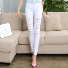 Celana Denim Patch jeans Robek untuk Lubang Wanita Wanita Kurus Celana Panjang Pensil Celana Putih-Intl