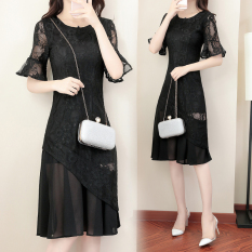 Dewi Korea Fashion Style Sifon Terlihat Langsing Setengah Panjang Model Rok Gaun (Hitam) baju wanita dress wanita Gaun wanita