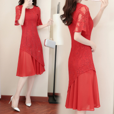 Dewi Korea Fashion Style Sifon Terlihat Langsing Setengah Panjang Model Rok Gaun (Merah) baju wanita dress wanita Gaun wanita