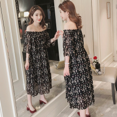 Dewi Seksi Hamil Kerah Datar Strapless Jersey Rayon Gaun Baju Hamil (Hitam)
