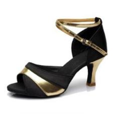 DIKE Sepatu Sandal High Heels Wanita Baru Tren Wanita's Sandal Gadis Satin & Leatherette Buckle Ballroom Latin Salsa Sandal Tumit Wanita Dansa Sepatu Med Heel Black Gold 7 Cm Heel-Intl