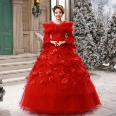Gaun Pengantin Panjang Tanpa Bahu YUEYUE (Merah) (Merah)
