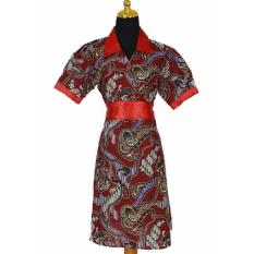 Dress Kerja Kantor Wanita Karier Batik Abstrak Merah
