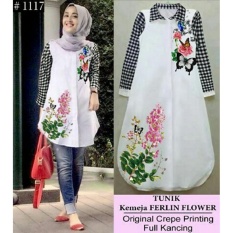 Ladies FS Dress Kerah Gamis / Baju Lebaran / Atasan Wanita / Baju terusan / Long Hem / Tanpa Pasmina (linase takko) NR D30 - Putih Hitam/ Kemeja Formal / Atasan Wanita / Kemeja Casual Wanita D3C