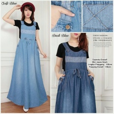 Dress overall jeans panjang gamis wanita jumbo long dress Susmira - biru muda