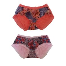 EELIC 6841 Celana Dalam Wanita, 2 Pcs Warna Merah Muda Dan Ungu Muda, Desain Renda Halus Dengan Motif Bunga-bunga