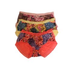 EELIC 6841 Celana Dalam Wanita, 3 Pcs Warna Putih, Biru, Merah Muda, Desain Renda Halus Dengan Motif Bunga-bunga