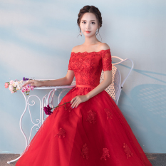 Elegan Baru Renda Setengah Panjang Model Pesta Baju Pelayanan Gaun Malam (Merah)