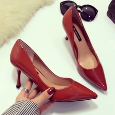 Elegan Eropa atau Amerika Kulit Paten Warna Polos Pointed untuk Elegan Sepatu Hak Tipis Sepatu Tumit (Bata Merah)