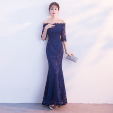 Wanita Lengan Panjang Suasana Gaun Pengantin Mermaid Baju Pelayanan Gaun Malam (Safir Biru Warna Bahu Sabrina)