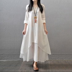Elegan dengan Gaun Longgar Leher V Lengan Baju Fashion Ukuran Better Wanita Gaun Musim Gugur Vestidos Pemukiman Sprei Katun Panjang Kasual BoHo Gaun Panjang Maxi Putih