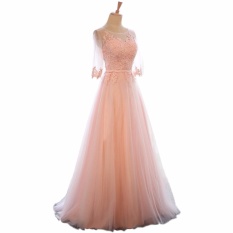 Elegan O-neck A-line Sapu Kereta Renda Gaun Malam Gaun Prom Murah Robe De Soiree Baju Pesta dengan Lengan Separuh Berwarna Merah Muda-Internasional