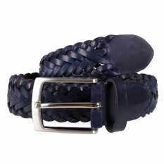 Elfs Shop - Ikat Pinggang Gesper Pria 100% Kulit Asli Rajut Kepala Stainless Steel Genuine Leather Knitted-Biru Dongker