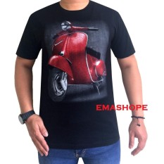 Ema Shope - Kaos Distro T-Shirt Distro Pria Wanita Cotton Combed 30s Atasan Baju Cewe Cowo Pakaian Fashion Keren Populer Gambar Sablonan Motor Vespa Merah Red - Hitam