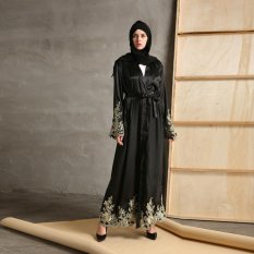 Embroidery Lace Muslim Long Coat Robes Islamic Cardigan Dress Ramadan Elegant Abaya with Belt