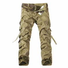 Encontrar Pria Kasual Militer Kargo Solid Multi-pocket (Khaki)-Intl