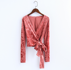 Eropa Dan Amerika Gaya Berlian Beludru Yang Mendalam V-neck T-shirt Ayat Pendek Selendang (Merah muda) (Merah muda) baju wanita baju atasan kemeja wanita