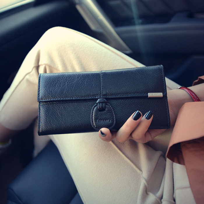 Model Baru Lipat Tiga Dompet Wanita Tas Model Panjang Gaya Barat Retro Minimalis Banyak Tempat Kartu Modis Kulit Sapi Asli Dompet
