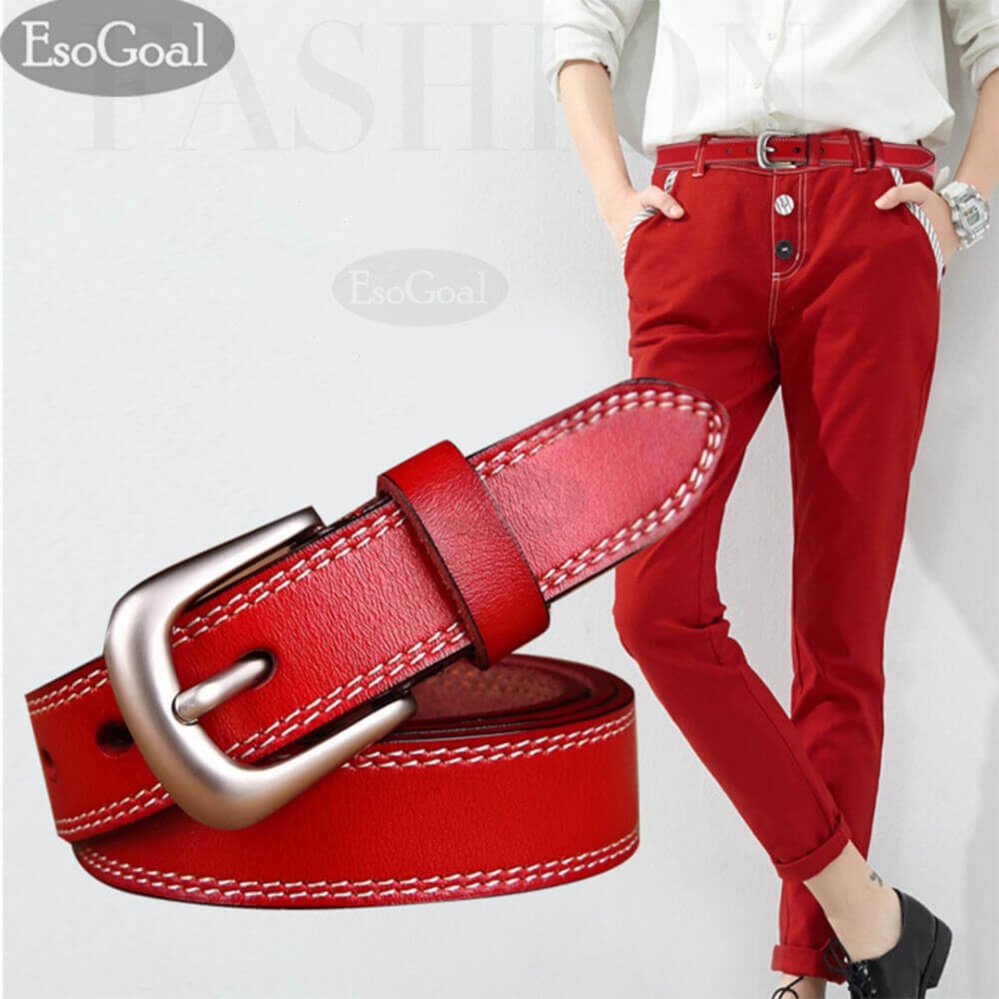 EsoGoal Wanita Kulit Ikat Pinggang Wanita Kasual Sabuk With Brushed Alloy For Jeans Shorts Celana (Merah)