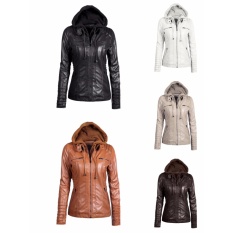 Eropa dan Amerika Fashion Detachable Lapel Lengan Panjang Zipper Jaket Kulit Jaket. Hoodie. Warna Murni. Wanita-coklat-Intl