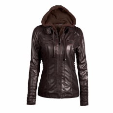 Eropa dan Amerika Fashion Detachable Lapel Lengan Panjang Zipper Jaket Kulit Jaket. Hoodie. Warna Murni. Wanita-Kopi-Intl