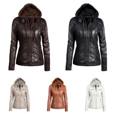 Eropa dan Amerika Fashion Detachable Lapel Lengan Panjang Zipper Jaket Kulit Jaket. Hoodie. Warna Murni. Wanita-Intl