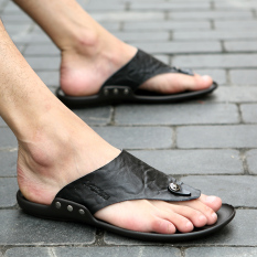 Europe Station Inggris Kulit Musim Panas Pria Sandal Kulit Dan Sandal Sandal Jepit (Hitam 589)