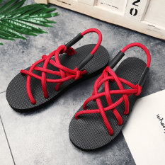 Eropa Station Kasual Datar With Tali Tebal Yang Anyaman Sandal Musim Panas Kayu Cendana Pantai (513 Merah)