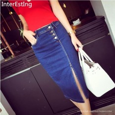 Gaya Eropa Jeans Elastis Rok Wanita Slim Celah Pensil Denim Rok Midi 2018 Baru Kausal Rok 2 Warna-Intl