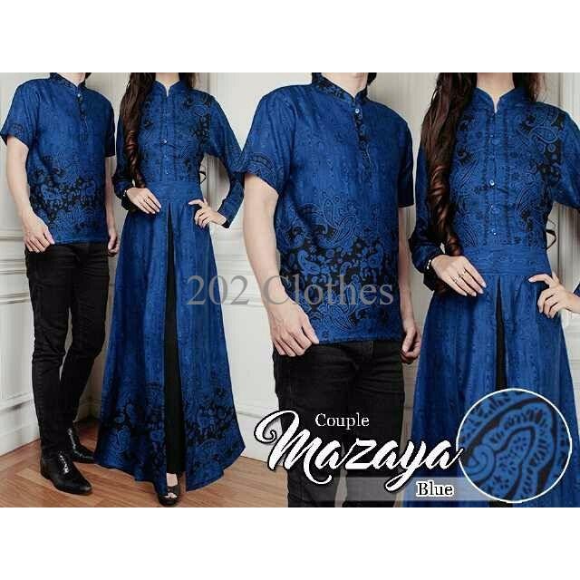 Exclusive Couple Mazaya Biru- Marun Baju Couple Sarimbit Batik Gamis Pasangan Termurah